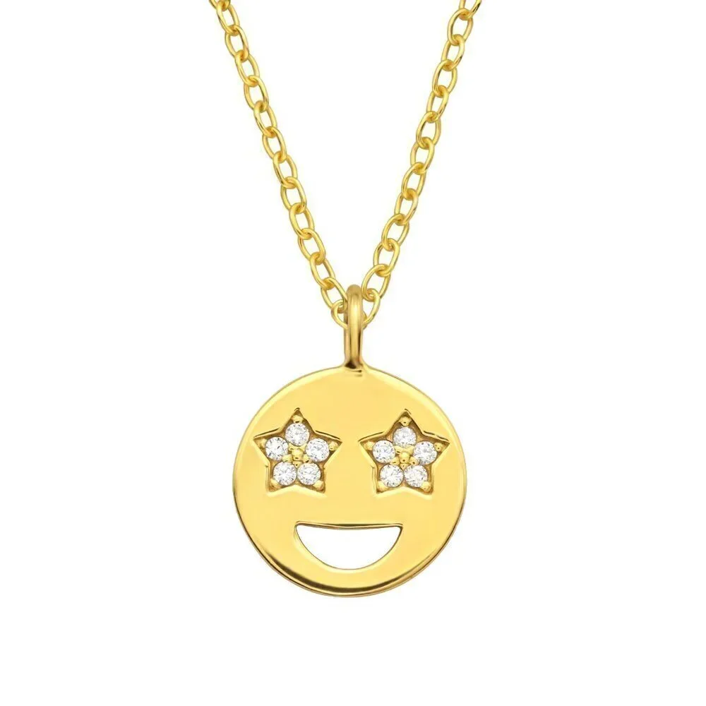 14K Gold Vermeil Star Eyes Smiley Emoji CZ Pendant Necklace